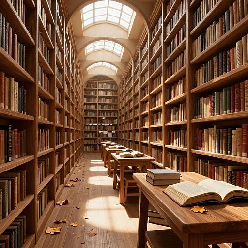 Photograph of a sunlit, wooden library aisle with tall bookshelves on both sides, empty tables, open books, and scattered autumn leaves.