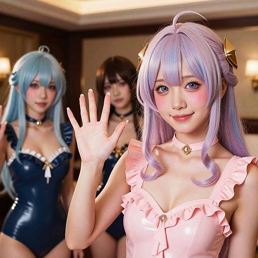 Photograph of three Asian women cosplaying in a dimly lit room. Foreground woman with lavender hair, pink frilled top, waving; background