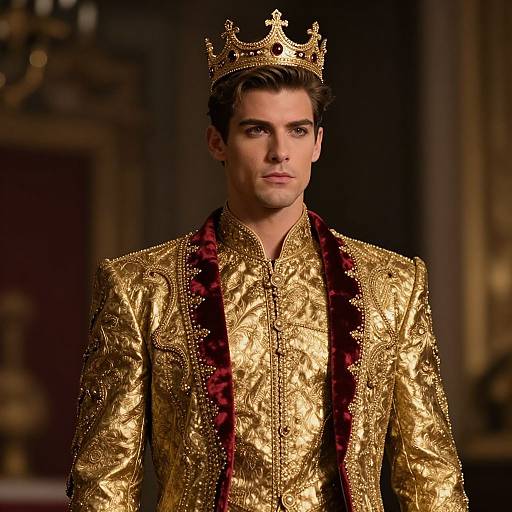 Photograph of a handsome man with dark hair, wearing a gold, ornate, patterned jacket, red velvet sash, and gold crown,