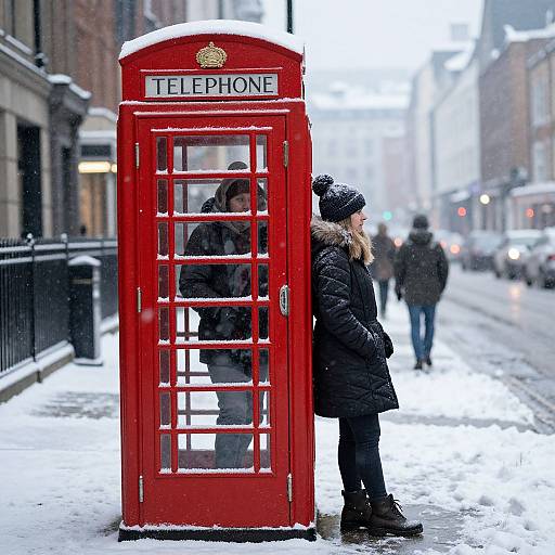Snowy Street with Red Telephone Booth
