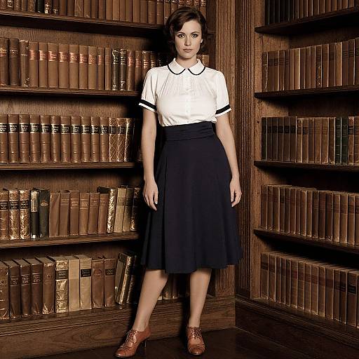 Photograph of a young woman with short brown hair, wearing a white short-sleeve shirt with black trim, black skirt, and brown loafers