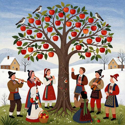 Colorful illustration of six traditional European villagers, three men and three women, harvesting apples from a tree, with birds perched above. Background: snowy