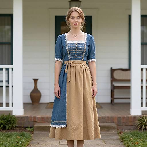 Photograph of a young Caucasian woman with light brown hair in a blue and beige historical dress, standing on a porch with white columns and brick steps.