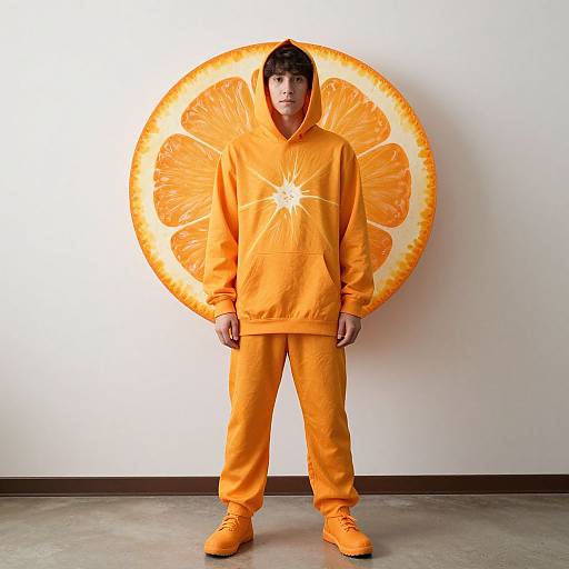 Photograph of a young man in a bright orange oversized hoodie and pants, matching orange shoes, standing in front of a large orange slice backdrop.