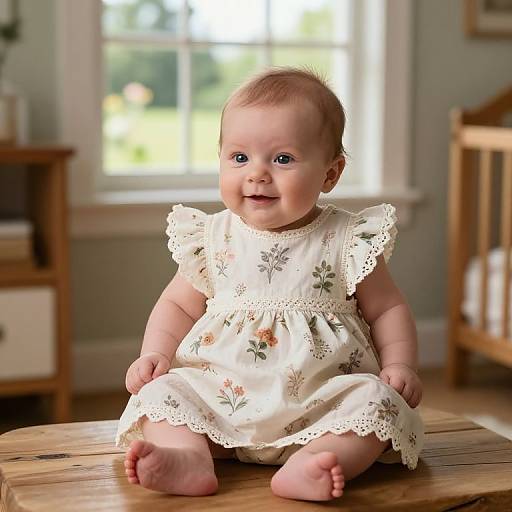 Photograph of a smiling baby with light skin, blue eyes, and light brown hair, sitting on a wooden table in a sunlit room. W