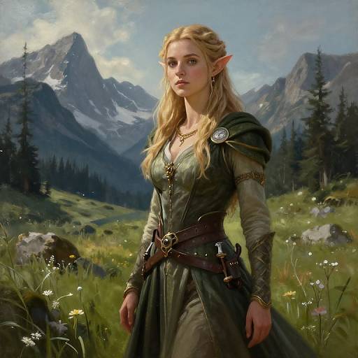 Digital painting of a blonde elven woman with pointed ears, wearing a green medieval dress, standing in a lush mountain meadow with snow-capped peaks