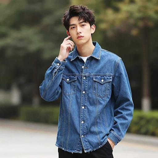 Photograph of a young Asian man with short black hair, wearing a blue denim shirt, standing outdoors, hand in pocket, talking on a phone.