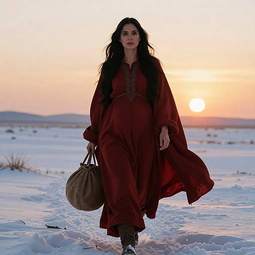 Photograph of a woman with long black hair wearing a flowing red dress and brown bag, walking through a snowy desert at sunset.