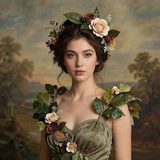 Woman with Floral Adornments in Nature