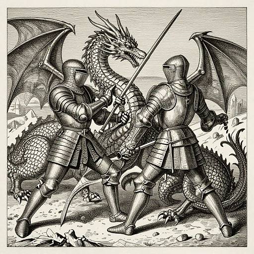 Medieval Knights vs Dragons Engraving