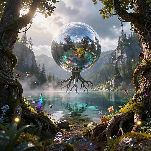 Colossal Reflective Orb Over Alpine Lake