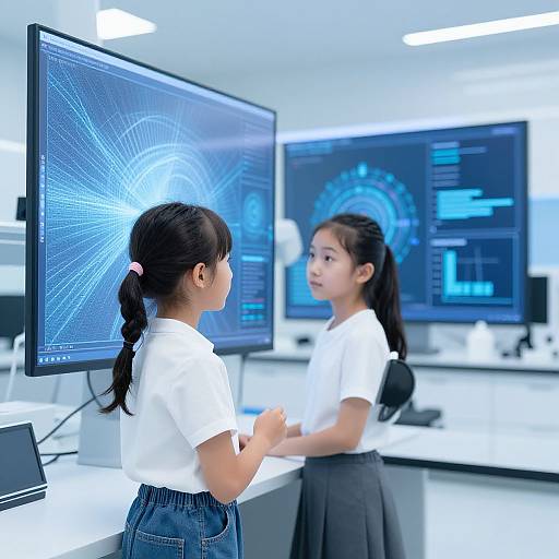 Photograph of two Asian girls in white shirts and black skirts, standing in a modern, brightly lit tech lab with large blue-lit screens displaying complex
