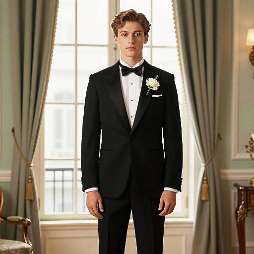 Photograph of a young, curly-haired man in a black tuxedo with white rose boutonnière, standing in a brightly lit, elegant