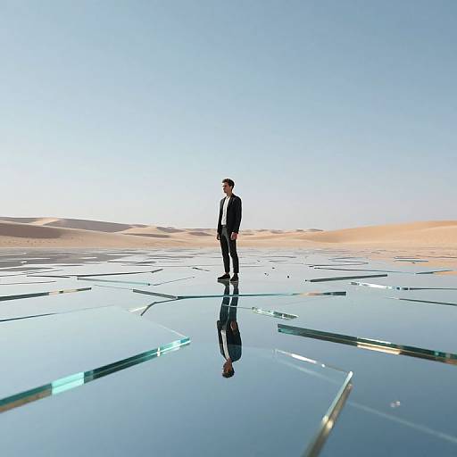 Photorealistic image of a man in a black suit standing alone on a reflective, glass-like, illuminated surface with a clear, gradient sky background.