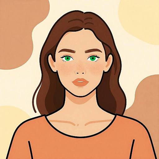 Digital illustration of a fair-skinned woman with green eyes, brown hair, and orange shirt, set against a beige and peach abstract background.