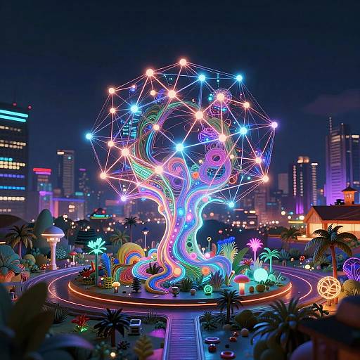 Neon-lit, futuristic tree installation with glowing stars and colorful lights, set against a vibrant city skyline at night. Digital artwork.