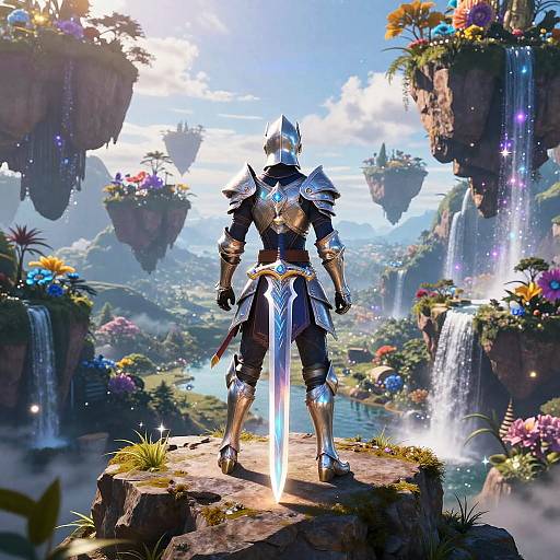 Digital artwork: A muscular, armored knight with a silver sword stands on a rock in a vibrant, fantasy landscape with floating islands, waterfalls, and