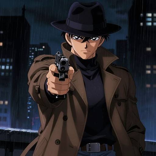 Digital anime-style drawing of a serious man in a brown coat and hat, pointing a gun at the viewer in a rainy, nighttime cityscape.