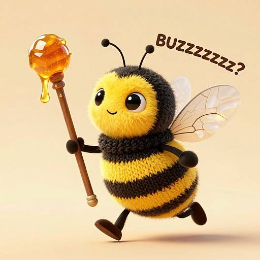 Cute CGI bee with fluffy yellow and black stripes, holding a honey-filled wand, buzzing 