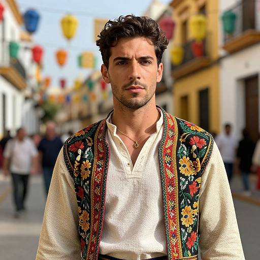 Photograph of a handsome, dark-haired man with a slight beard wearing a white shirt and colorful embroidered vest, standing in a vibrant, street festival background