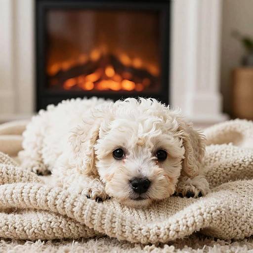 Adorable white fluffy puppy with curly fur lies on a beige textured blanket in front of a glowing fireplace.