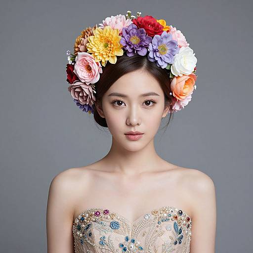Photograph of an Asian woman with fair skin, wearing a strapless, beaded dress, adorned with a vibrant flower crown, against a gray background