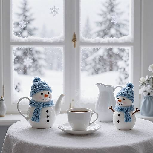 Photograph of a snowy window scene with two snowmen, blue knit hats and scarves, a teapot, and cup on a white table.