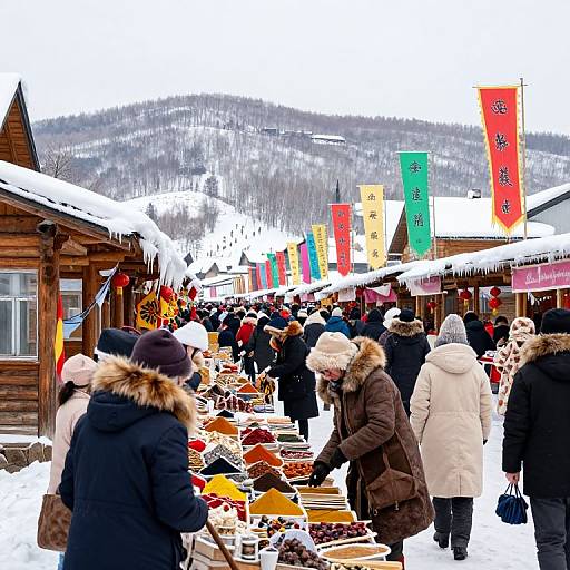 Photograph of a bustling winter outdoor market with colorful flags, snow-covered ground, and people in winter clothes browsing food stalls.