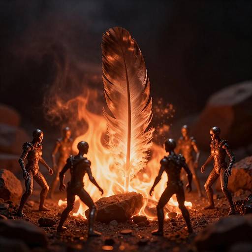 Fiery Ritual Around Glowing Feather
