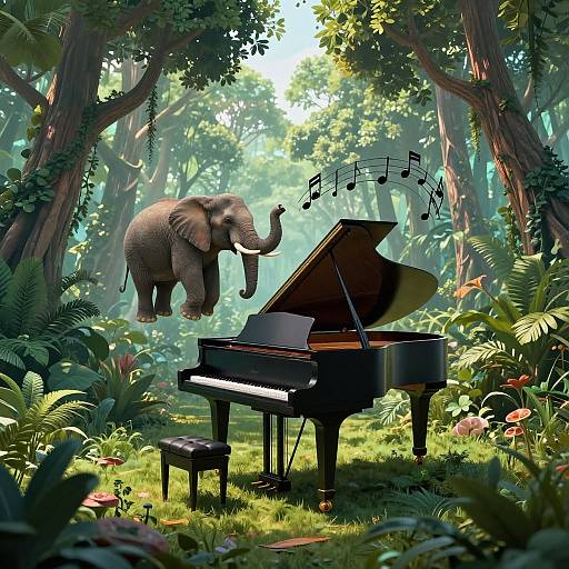 Surreal Floating Piano and Elephant
