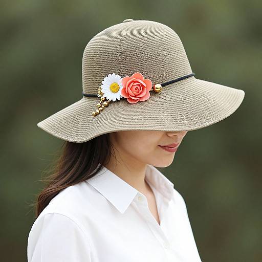 Photograph of an Asian woman in a white shirt, wearing a beige sunhat with a pink rose, white daisy, and gold bead accents,