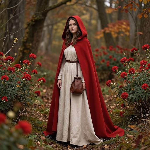 Photograph of a woman in a red hooded cloak, white dress, and brown purse, standing in a forest with red flowers and autumn leaves.