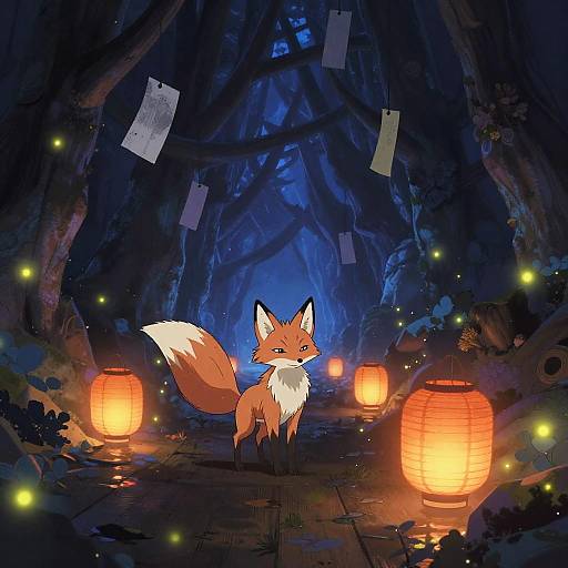 Digital anime-style illustration of a cute, orange and white fox standing in a dark, enchanted forest illuminated by glowing lanterns and fireflies.