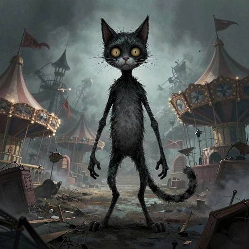 Digital art: Tall, eerie black cat with wide yellow eyes stands in a foggy, abandoned carnival with broken rides and flags.