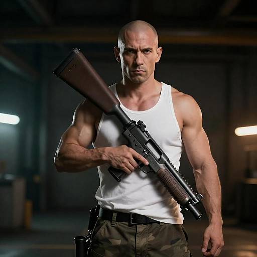 Intense Muscular Man with Gun in Urban Setting