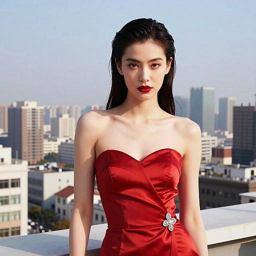 Photograph of an Asian woman with long black hair, wearing a strapless red satin dress with a silver bow, standing on a rooftop against a city