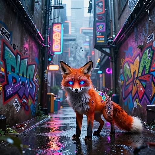 Digital artwork of a glowing blue-eyed, vibrant orange fox standing in a neon-lit, graffiti-covered, rainy alleyway with colorful signs.