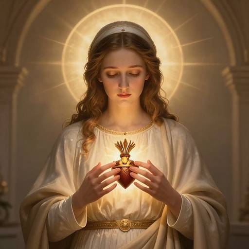 Digital artwork of a serene, brown-haired woman in a white robe with a golden halo, holding a glowing heart with a crown of thorns. Background