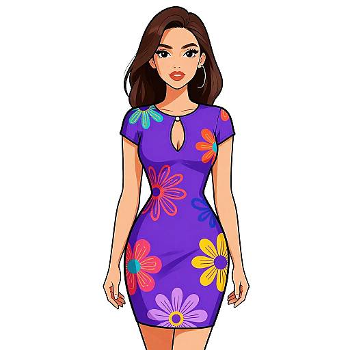 Digital illustration of a confident woman with long brown hair, wearing a purple dress with colorful floral patterns, and a keyhole neckline, against a white background