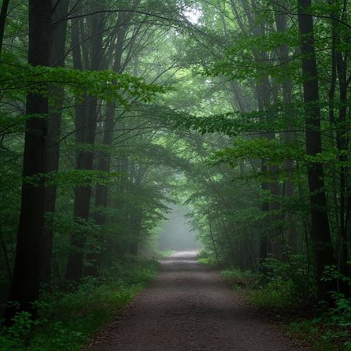Photograph of a misty forest path lined with tall, dense trees and vibrant green leaves, creating a serene, tunnel-like effect.