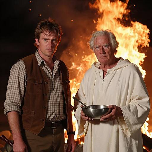 Two Men Standing Before a Large Fire