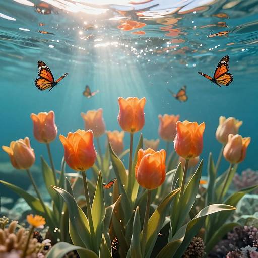 Photograph of vibrant orange tulips underwater, surrounded by floating orange and black butterfly silhouettes, with sunlight filtering through the water.