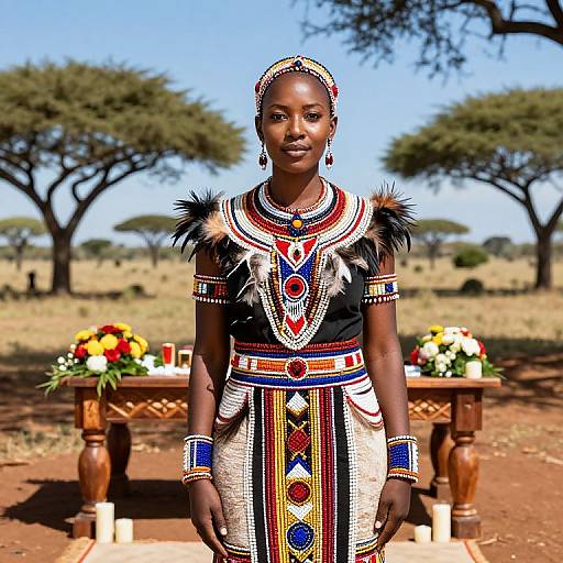 Photograph of an African woman in traditional, colorful Maasai attire with intricate beadwork, standing in front of a wooden table with flower arrangements in
