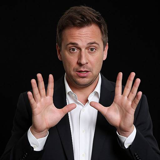 Photograph of a man with short brown hair in a black suit and white shirt, hands raised palms facing camera against a black background. He looks slightly