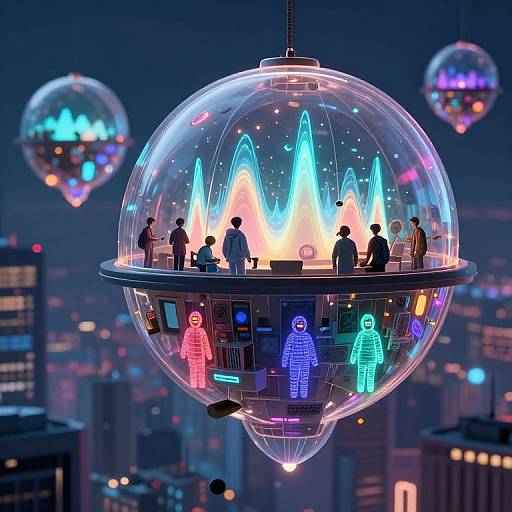 Neon-lit, transparent bubble chandelier with silhouetted people, floating above a cityscape at night. Two smaller, similarly illuminated bubbles