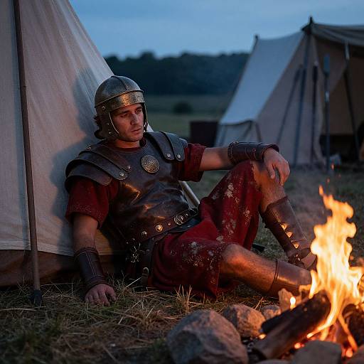 Tired Roman Legionnaire Resting by Campfire