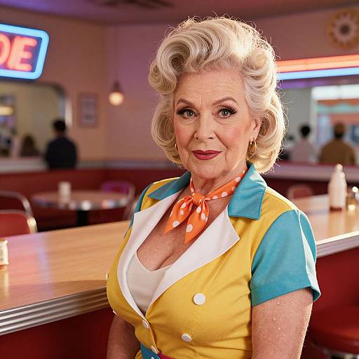 Photograph of an elderly white woman with curly blonde hair, wearing a vintage yellow and blue blouse with white trim, and an orange polka dot scarf