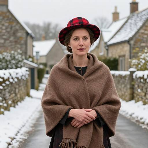Photograph of a middle-aged woman with fair skin, wearing a red and black plaid hat and brown shawl, standing on a snowy village path