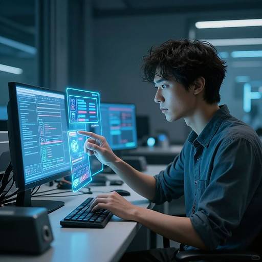Photograph of a young man with curly black hair, wearing a dark shirt, intensely focusing on a computer screen with holographic interface. Dimly lit
