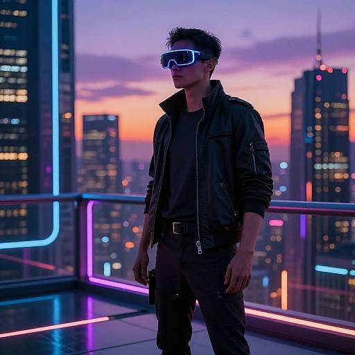 Silhouetted man in black leather jacket, neon sunglasses, standing on rooftop against city skyline at sunset, neon lights framing him. Photographic image